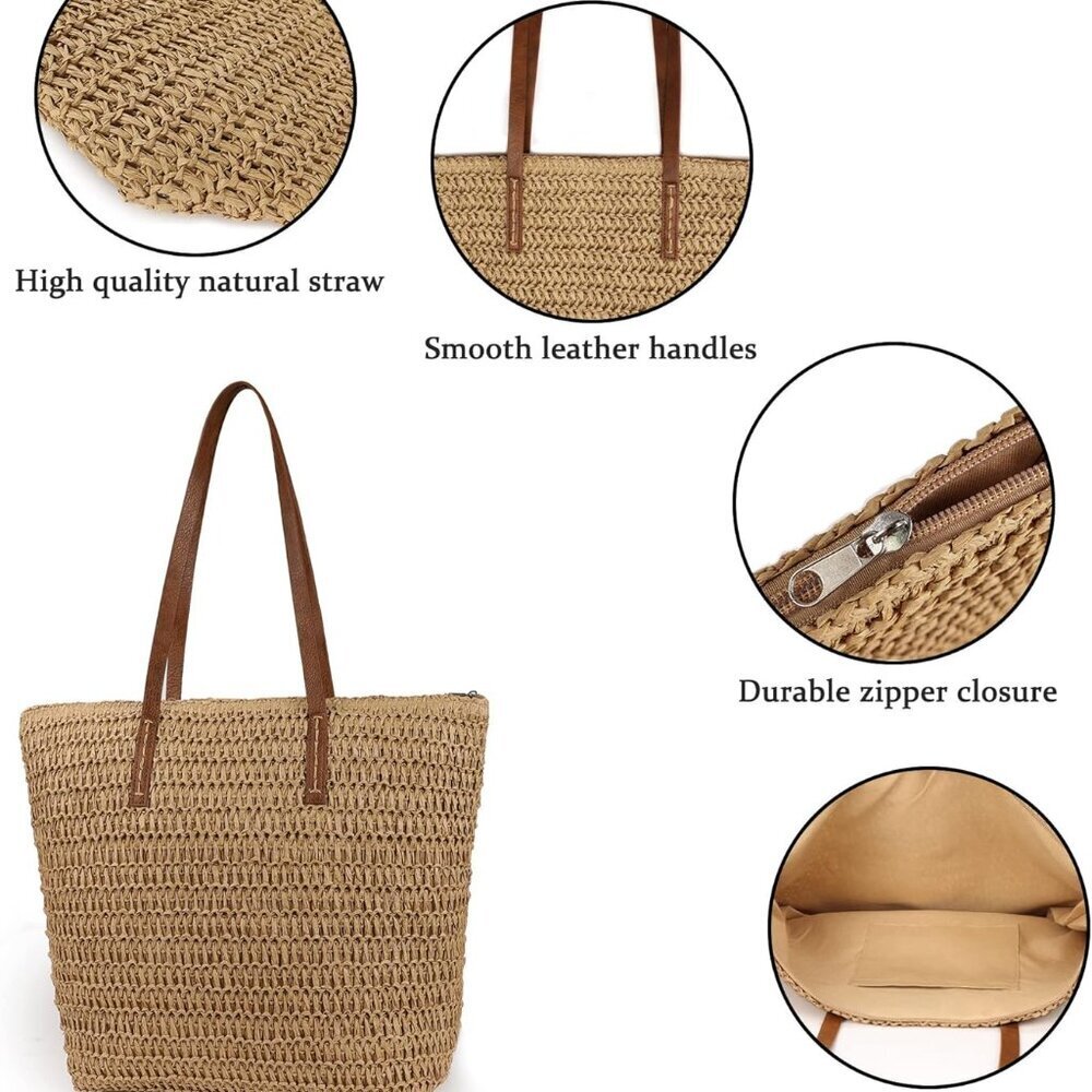 Womens Large Straw Tote Bag Handwoven Summer Beach Shoulder Purse - Picture 4 of 6